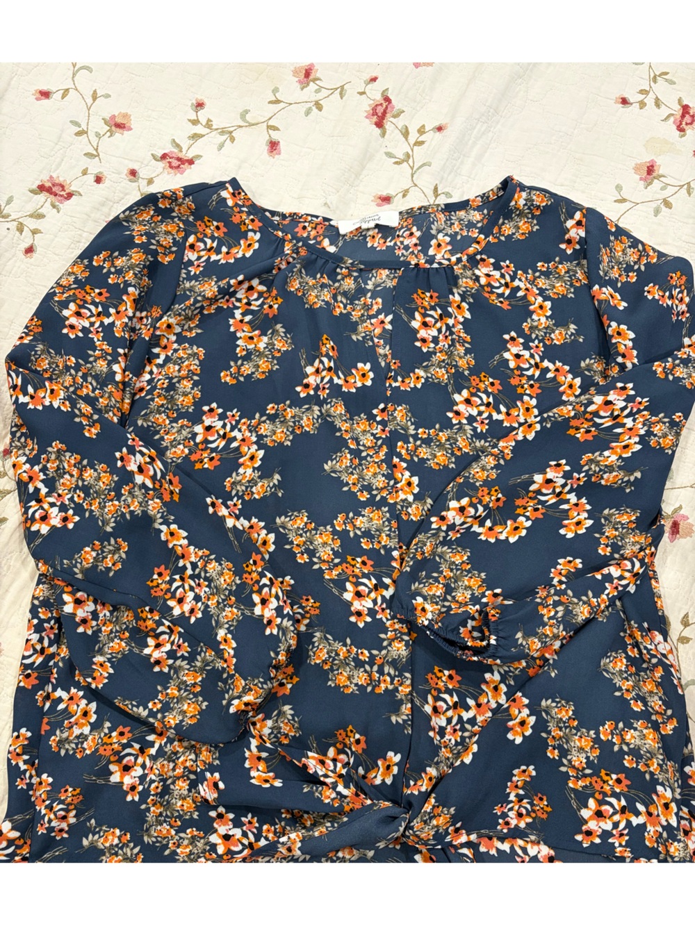 Navy Floral Long-Sleeve Blouse with Orange & Cream Blossoms